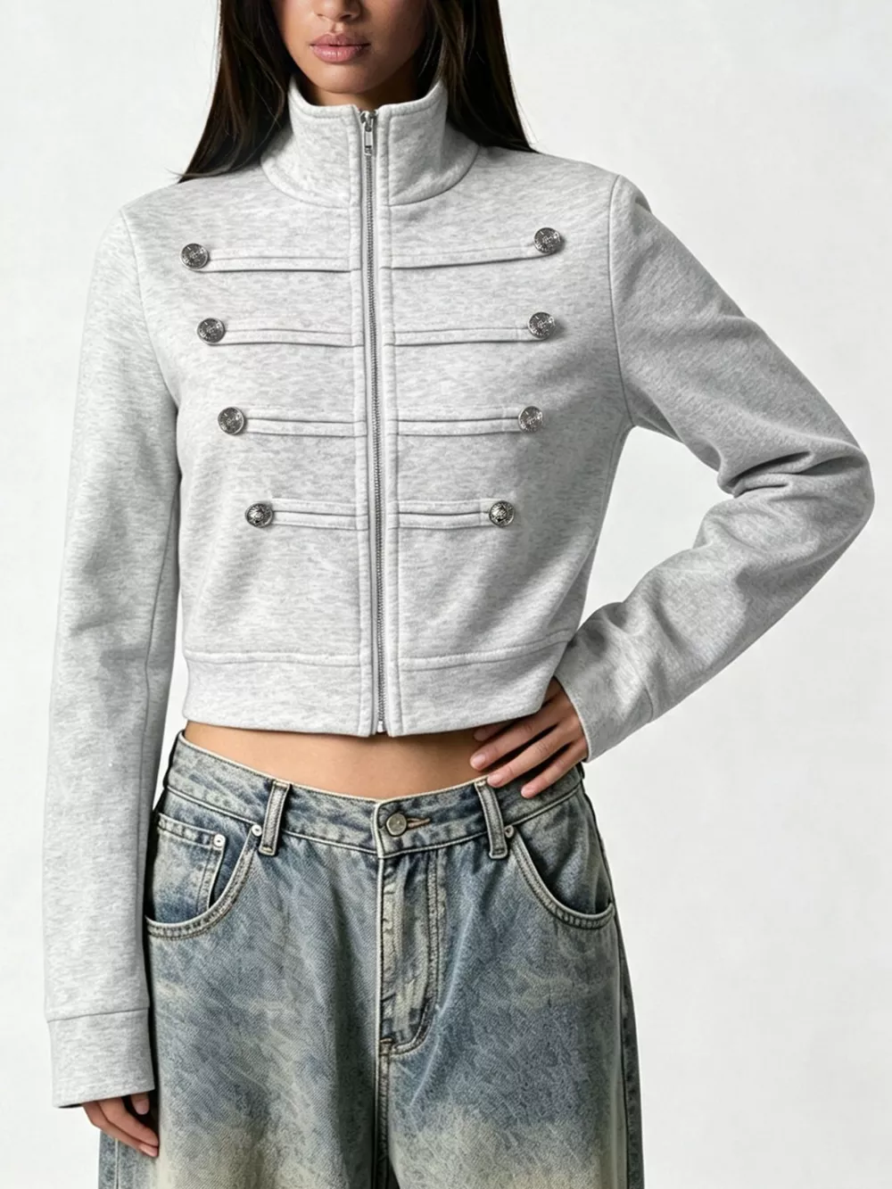 Cropped Zip-Up Outerwear with Decorative Buttons, image 3