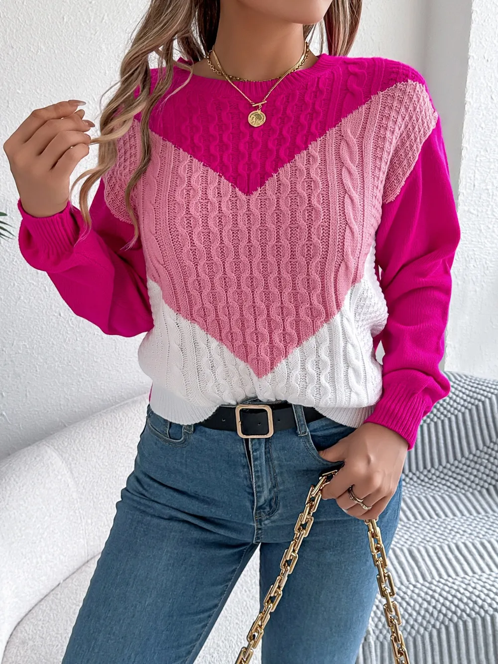 Contrast Round Neck Long Sleeve Sweater, image 15