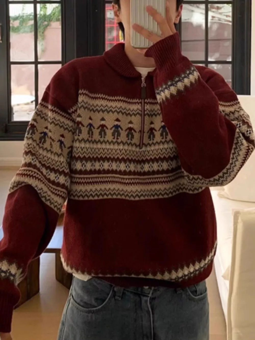 Men's Retro Pattern Zip Front Knitted Sweater, image 3