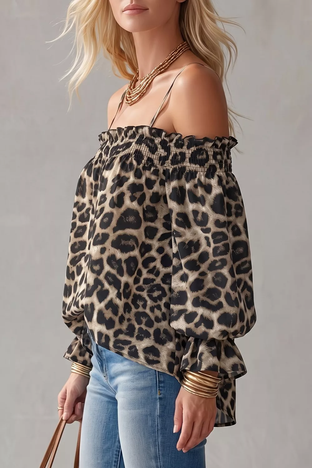 Spaghetti Strap Leopard Long Sleeve Blouse, image 3