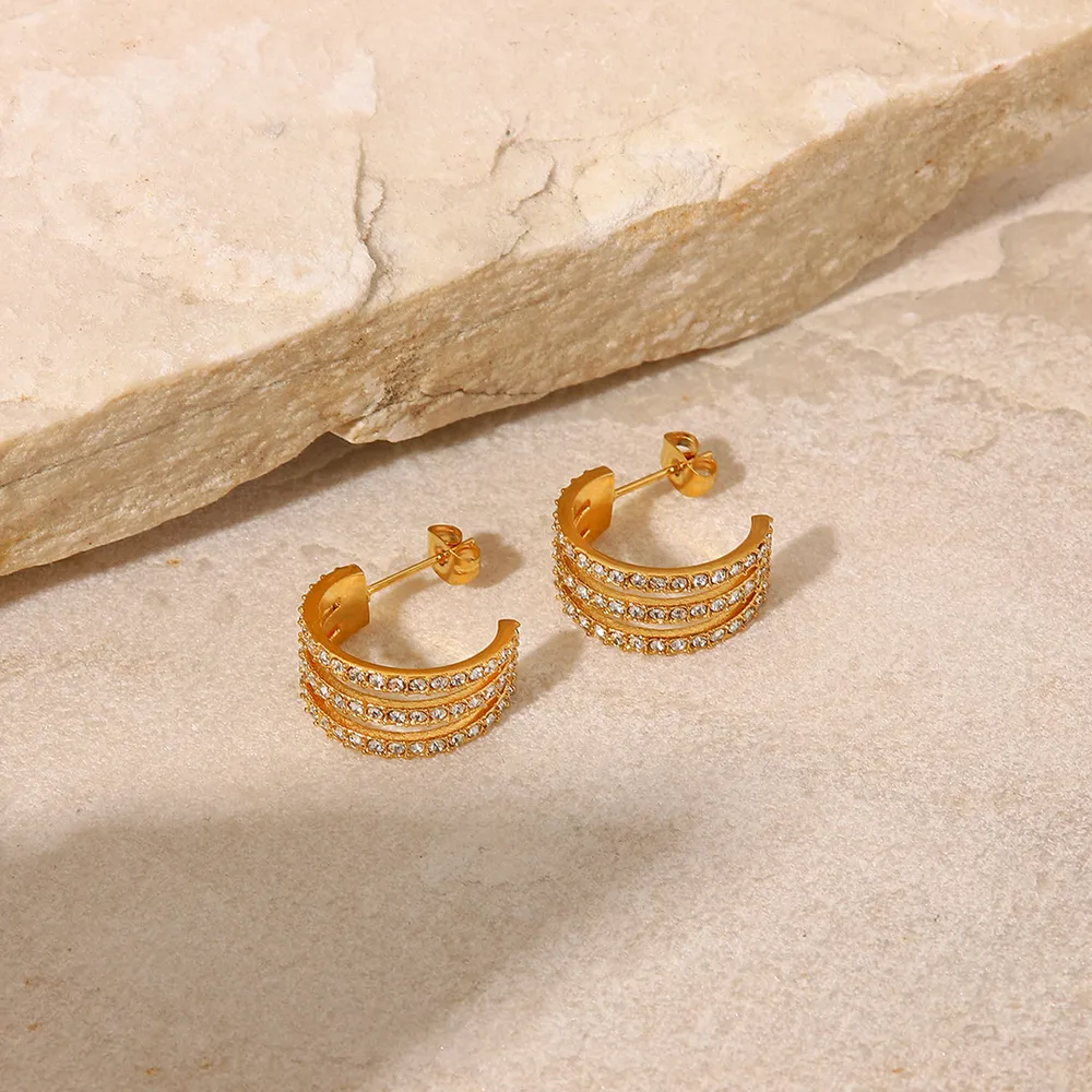 Stainless Steel Inlaid Zircon C-Hoop Earrings, image 3