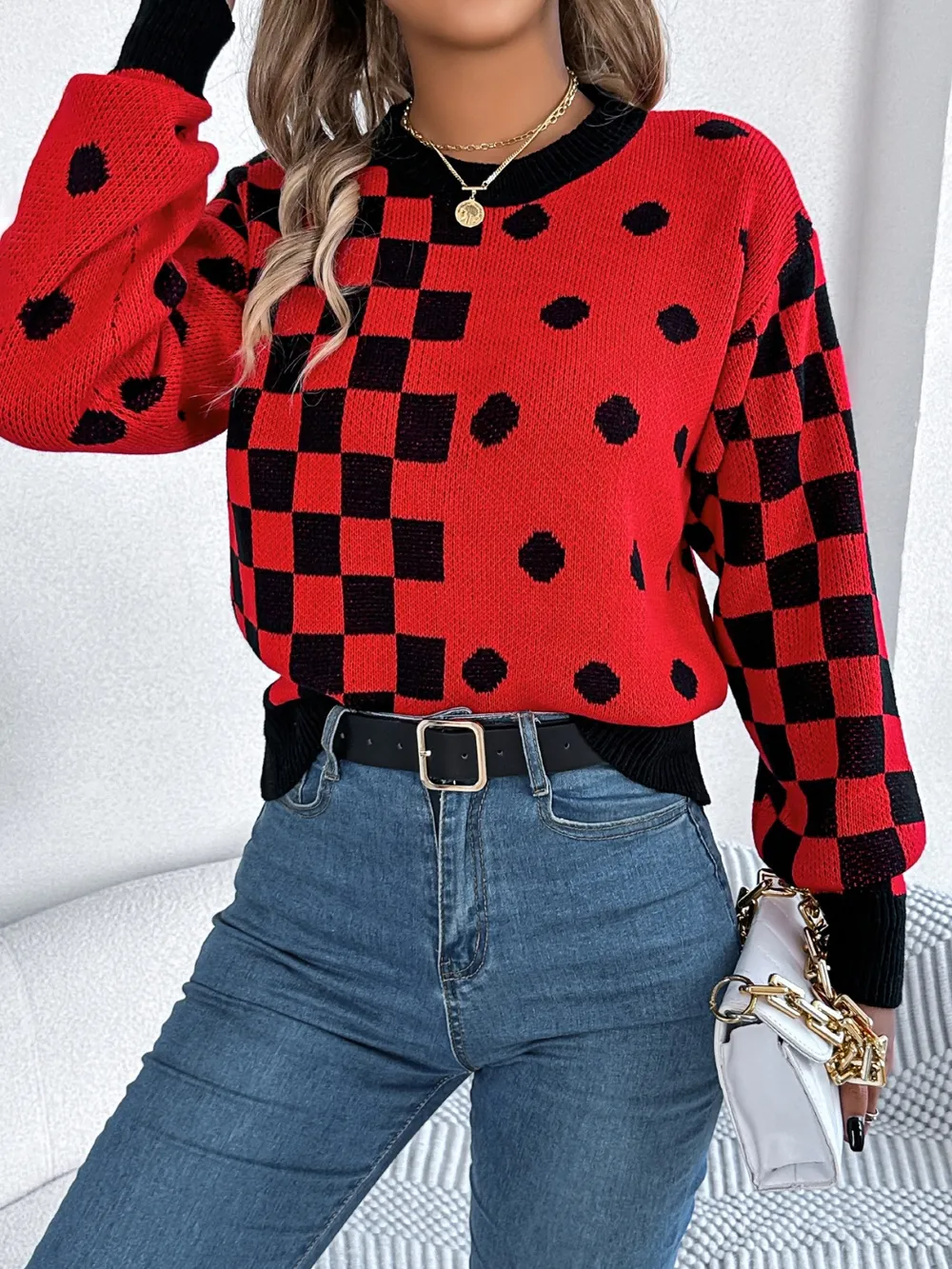 Plaid Round Neck Long Sleeve Sweater, image 12