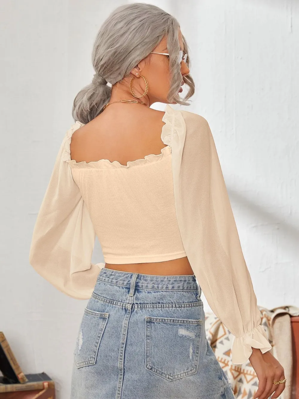 Mesh Sweetheart Neck Flounce Sleeve Top, image 23