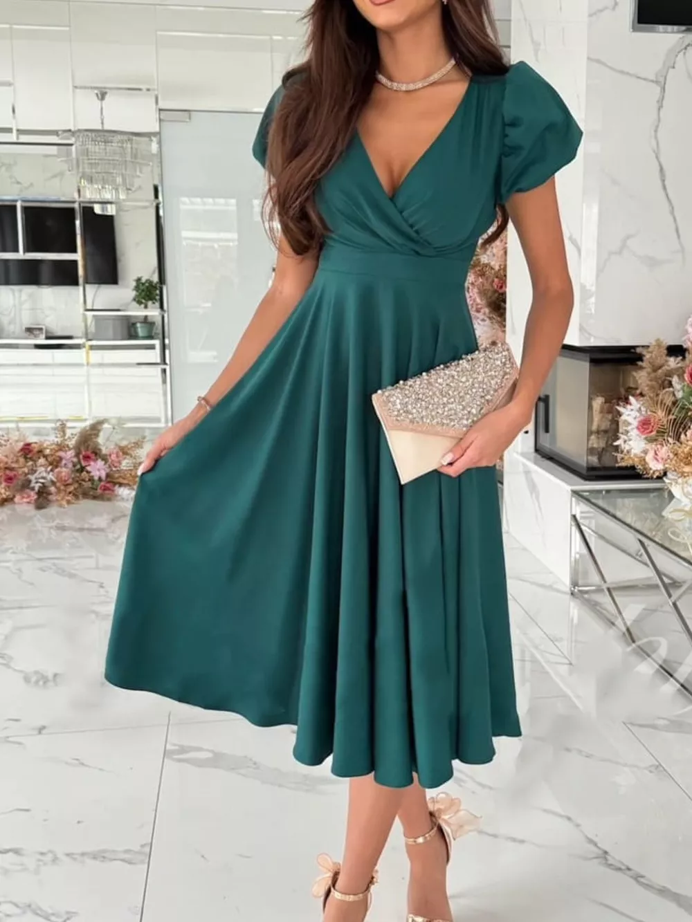 Surplice Puff Sleeve Midi Dress, image 7