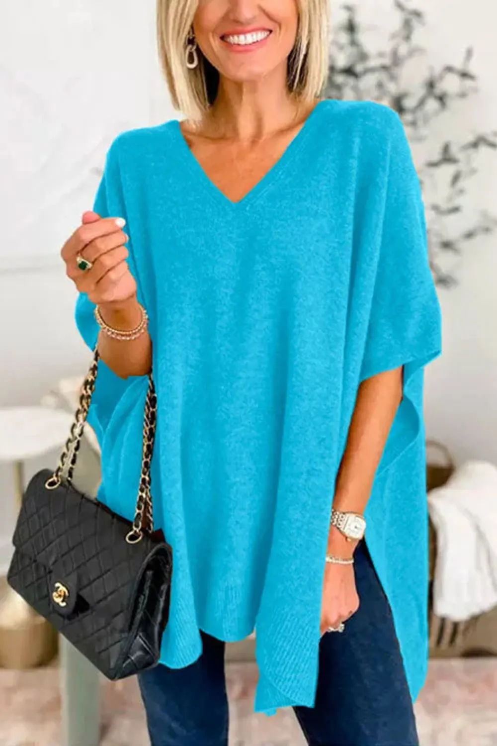 Slit V-Neck Half Sleeve Knit Top, image 8
