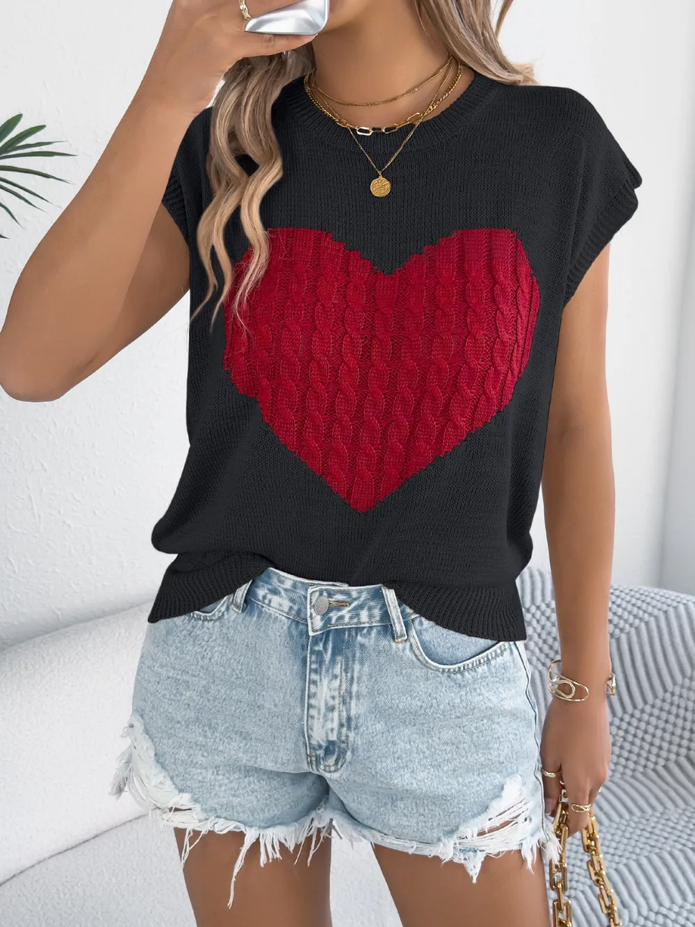 Cable Knit Heart Round Neck Cap Sleeve Knit Top, image 15