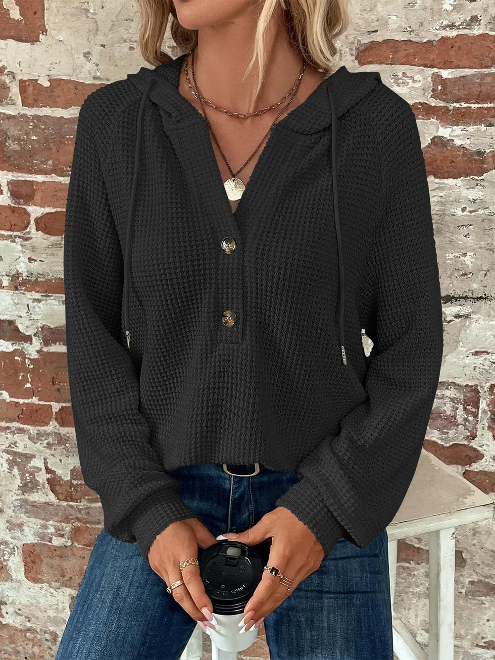 Waffle Knit Long Sleeve Drawstring Hooded Top, image 12