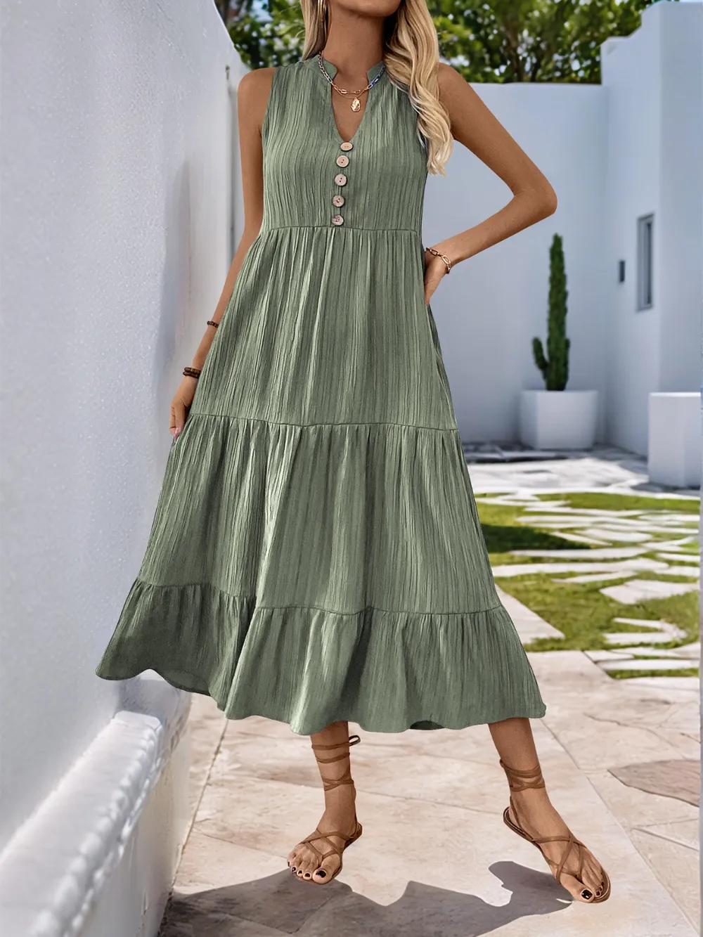 Notched Sleeveless Midi Tiered Dress, image 3