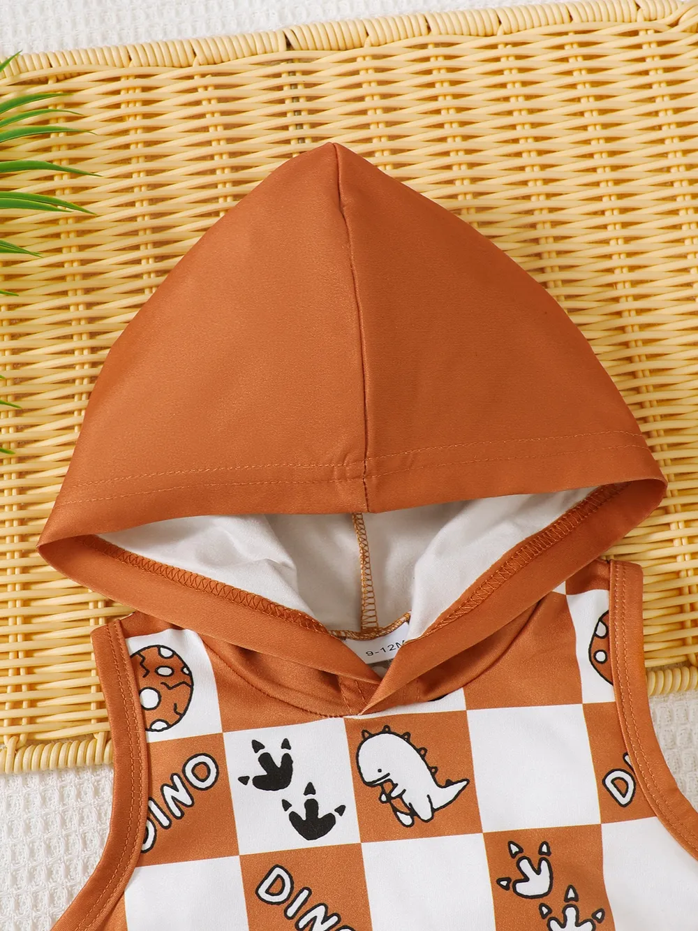 Children's Dinosaur Checkered Sleeveless Hooded Top and Shorts Set, image 5