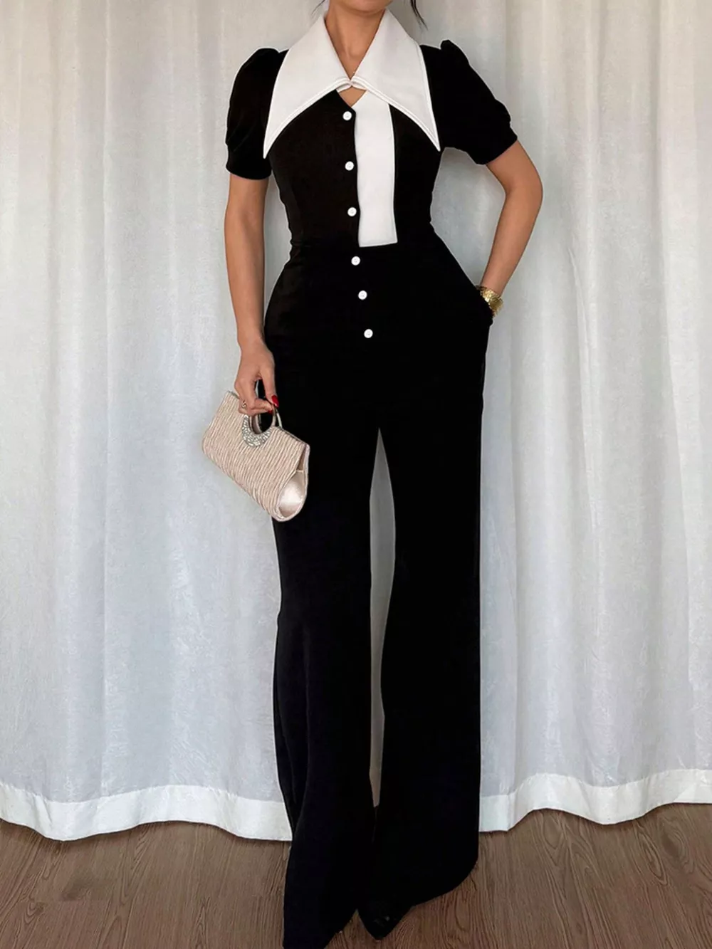 Contrast Button-Down Wide Leg Jumpsuit, image 4