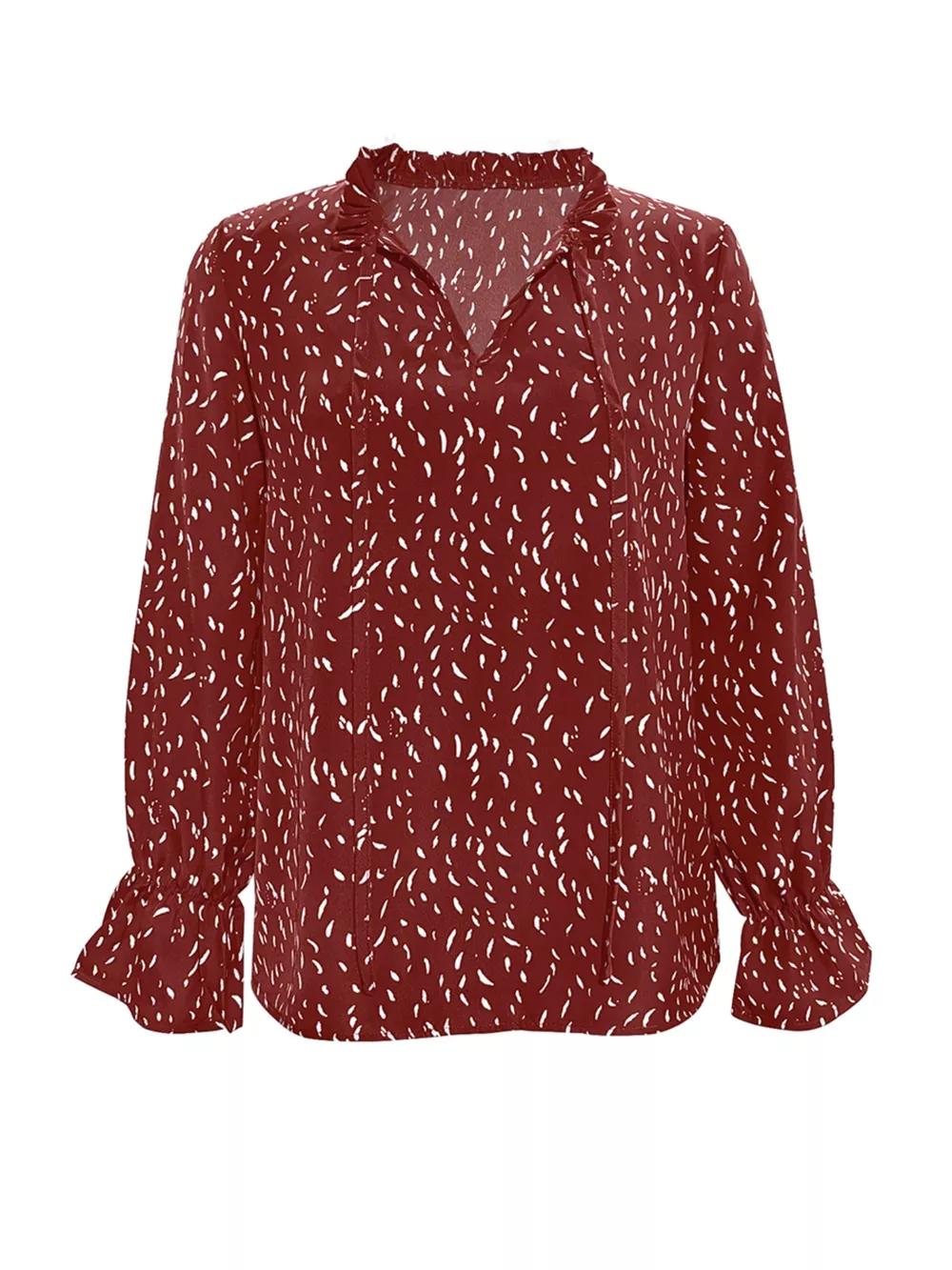 Ruffled Printed Tie Neck Long Sleeve Blouse, image 3