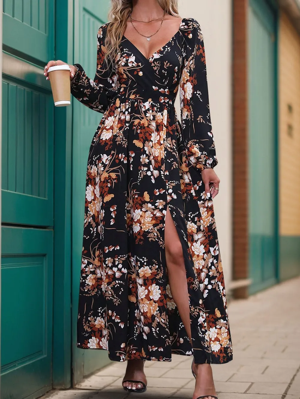 Slit Printed Surplice Long Sleeve Maxi Dress, image 2