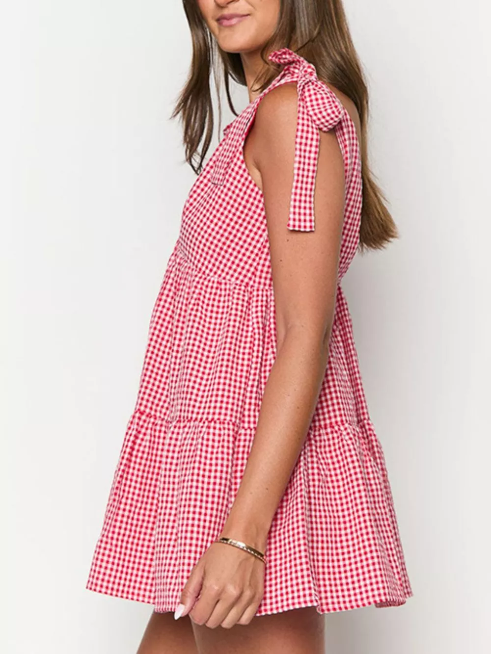 Gingham Tie-Shoulder Mini Dress, image 3