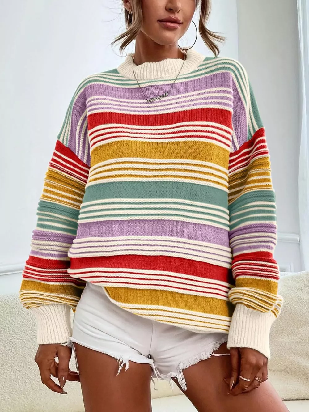 Rainbow Striped Drop Shoulder Oversized Sweater, image 3