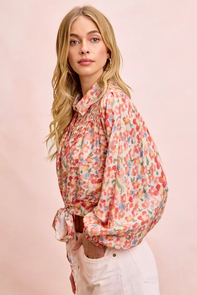BiBi Floral Print Tie Hem Detail Crop Shirt, image 2