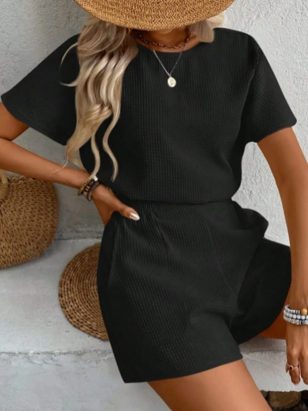 Round Neck Short Sleeve Top and Shorts Set, image 2