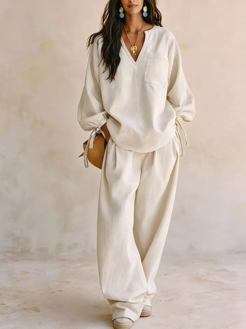 Relaxed Fit Drawstring Sleeve Detail Top and Pants Denim Set, image 4