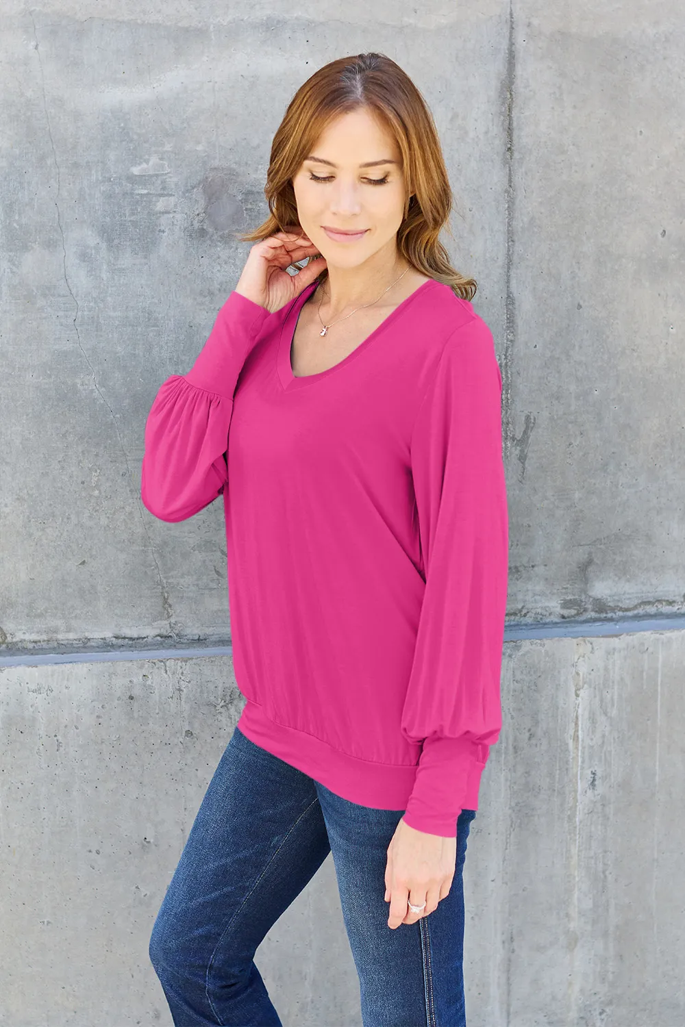 Full Size V-Neck Lantern Sleeve Top, image 4