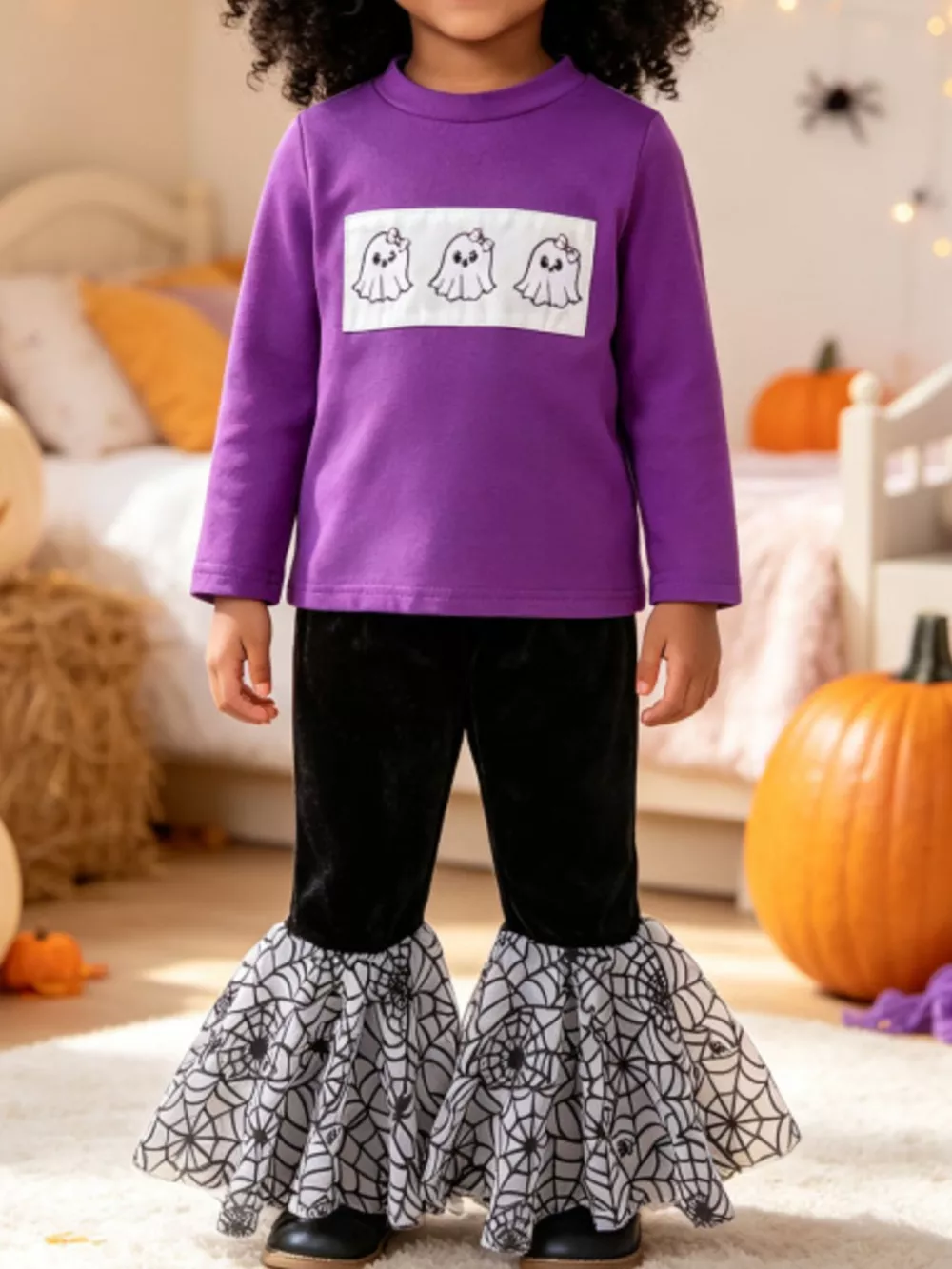 Children's Halloween Pumpkin Long Sleeve Top and Spiderweb Bell Bottom Set, image 7