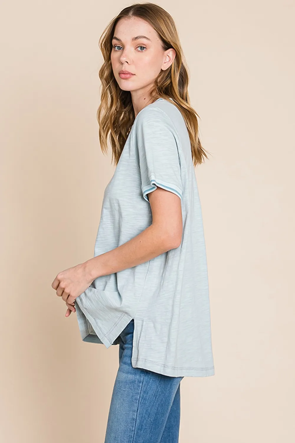 Cotton Bleu by Nu Lab Contrast Trim Short Sleeve Slit T-Shirt, image 4