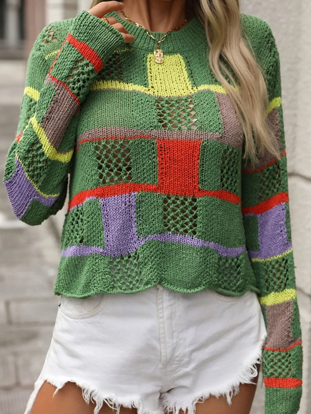 Openwork Color Block Round Neck Sweater, image 5