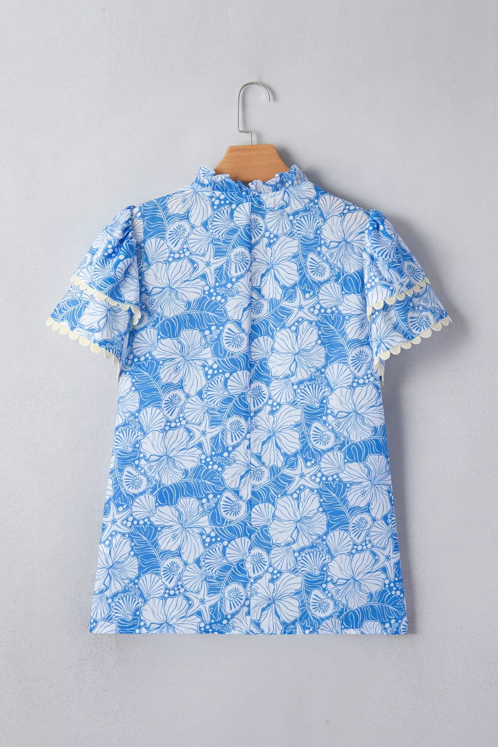 Floral Print Scalloped Trim V Neck Short Sleeve Blouse, image 4