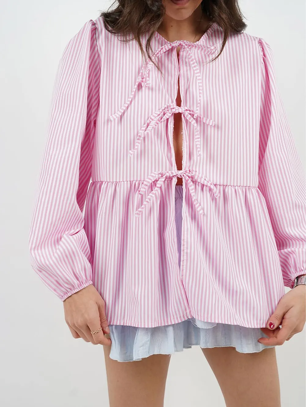 Tied Round Neck Long Sleeve Blouse, image 15