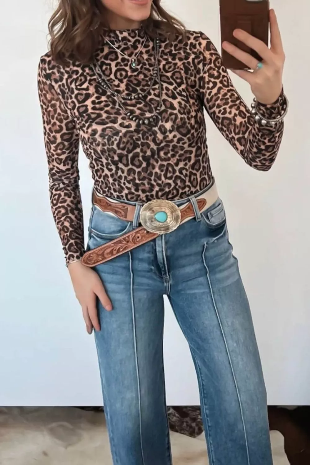 Leopard High Neck Long Sleeve Western Slim Top, image 5