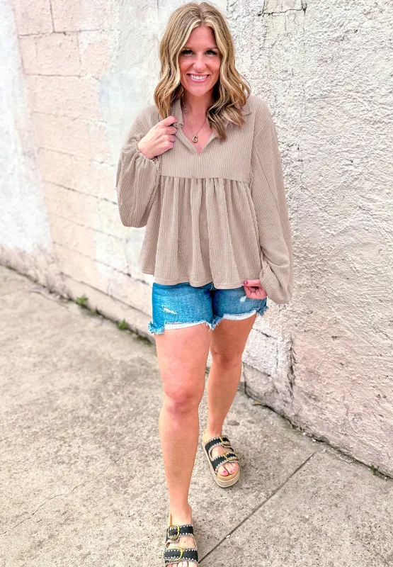 Corded Johnny Collar Long Sleeve Babydoll Blouse, image 3