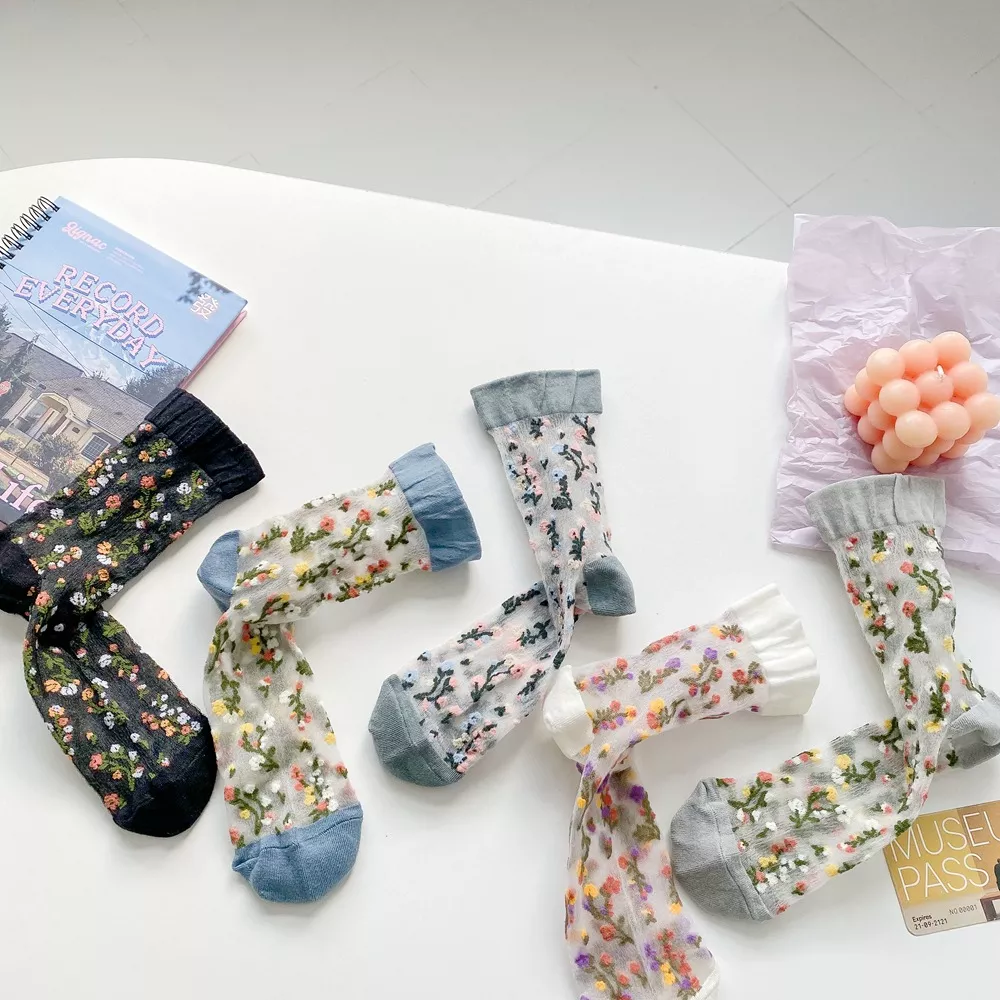 Floral Sheer Crew Socks 5 Pair Set, image 6