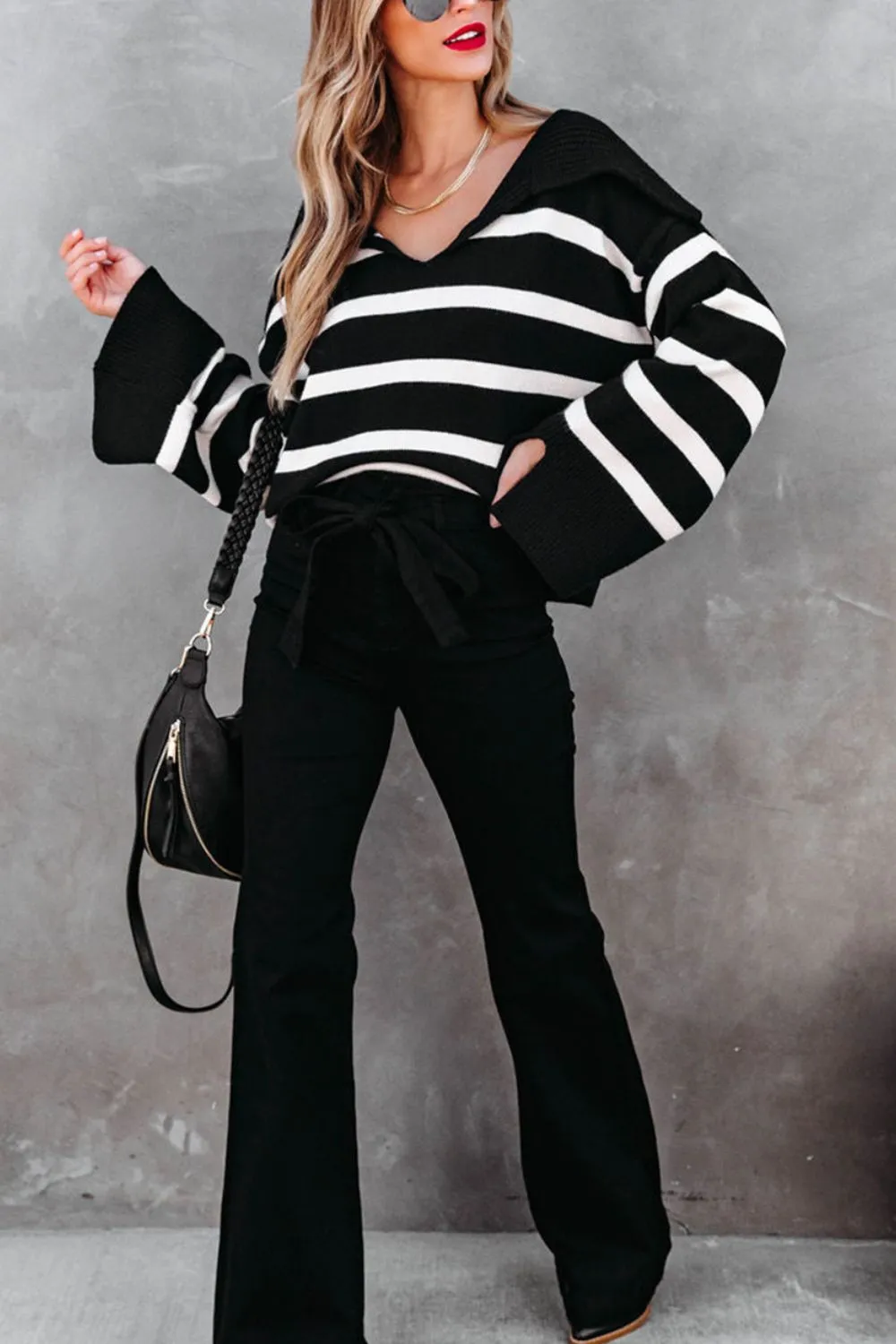 Striped Johnny Collar Long Sleeve Sweater, image 3