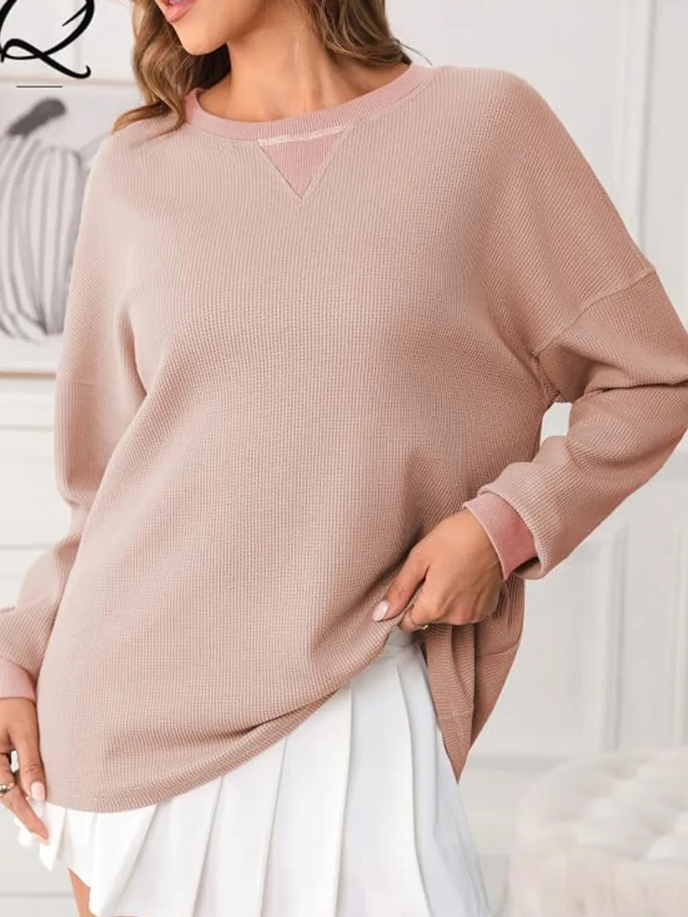 Waffle Knit Round Neck Long Sleeve T-Shirt, image 7