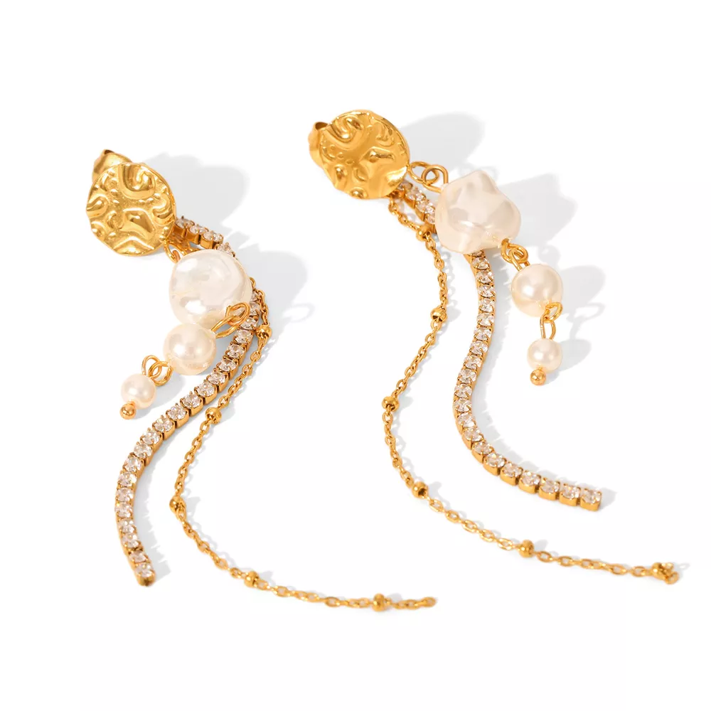 18K Gold-Plated Zircon Pearl Chain Earrings, image 5