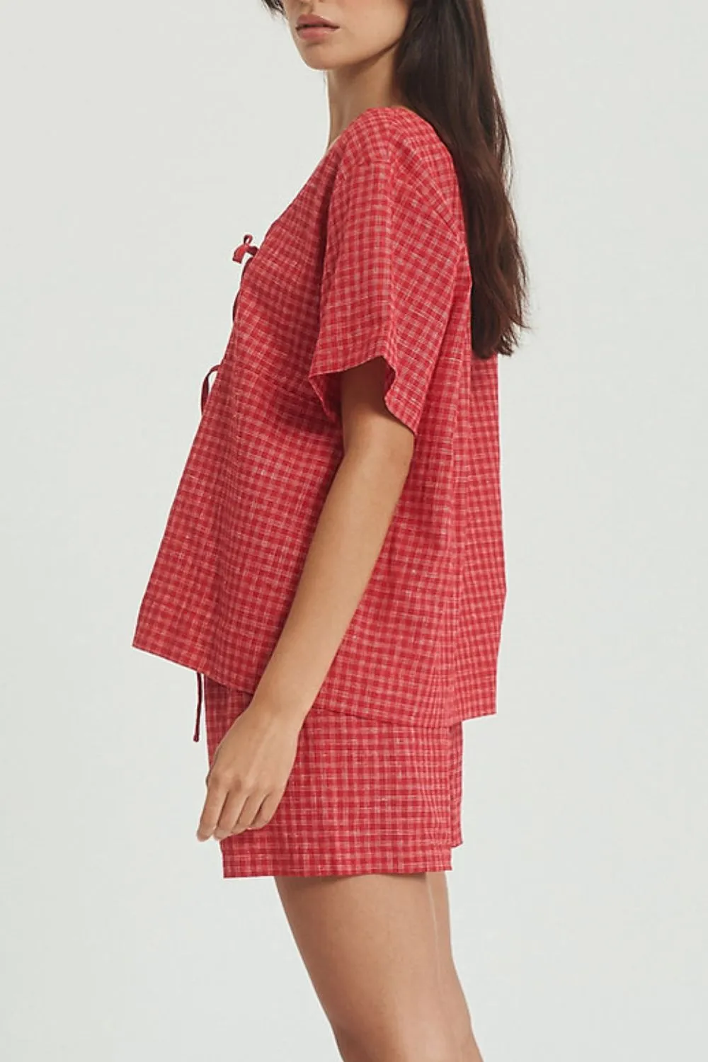 Plaid Tied Scoop Neck Short Sleeve Top and Drawstring Shorts Set, image 12
