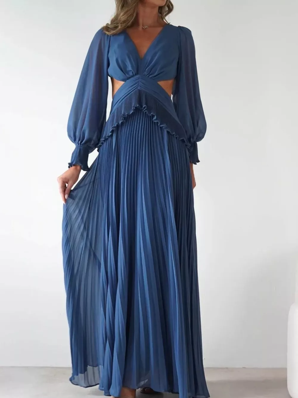 Backless Pleated Long Sleeve Maxi Dress, image 5