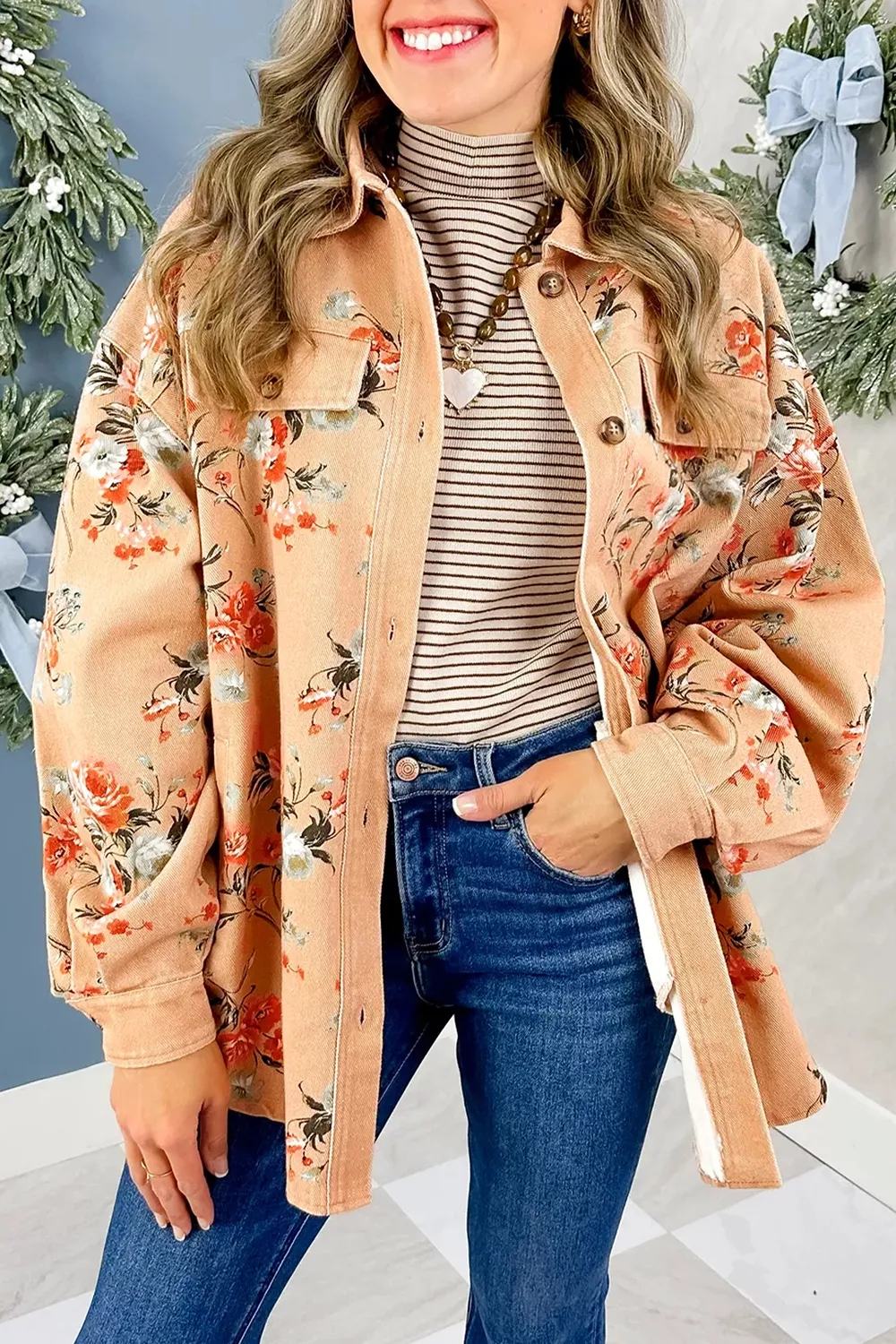 Floral Print Long Sleeve Denim Jacket, image 3