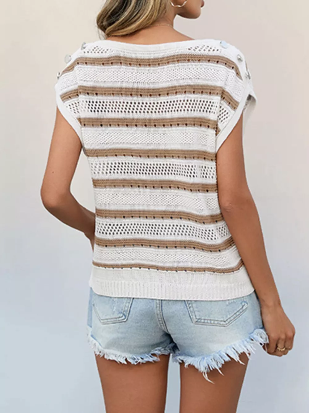 Striped Cap Sleeve Crochet Knit Top, image 7