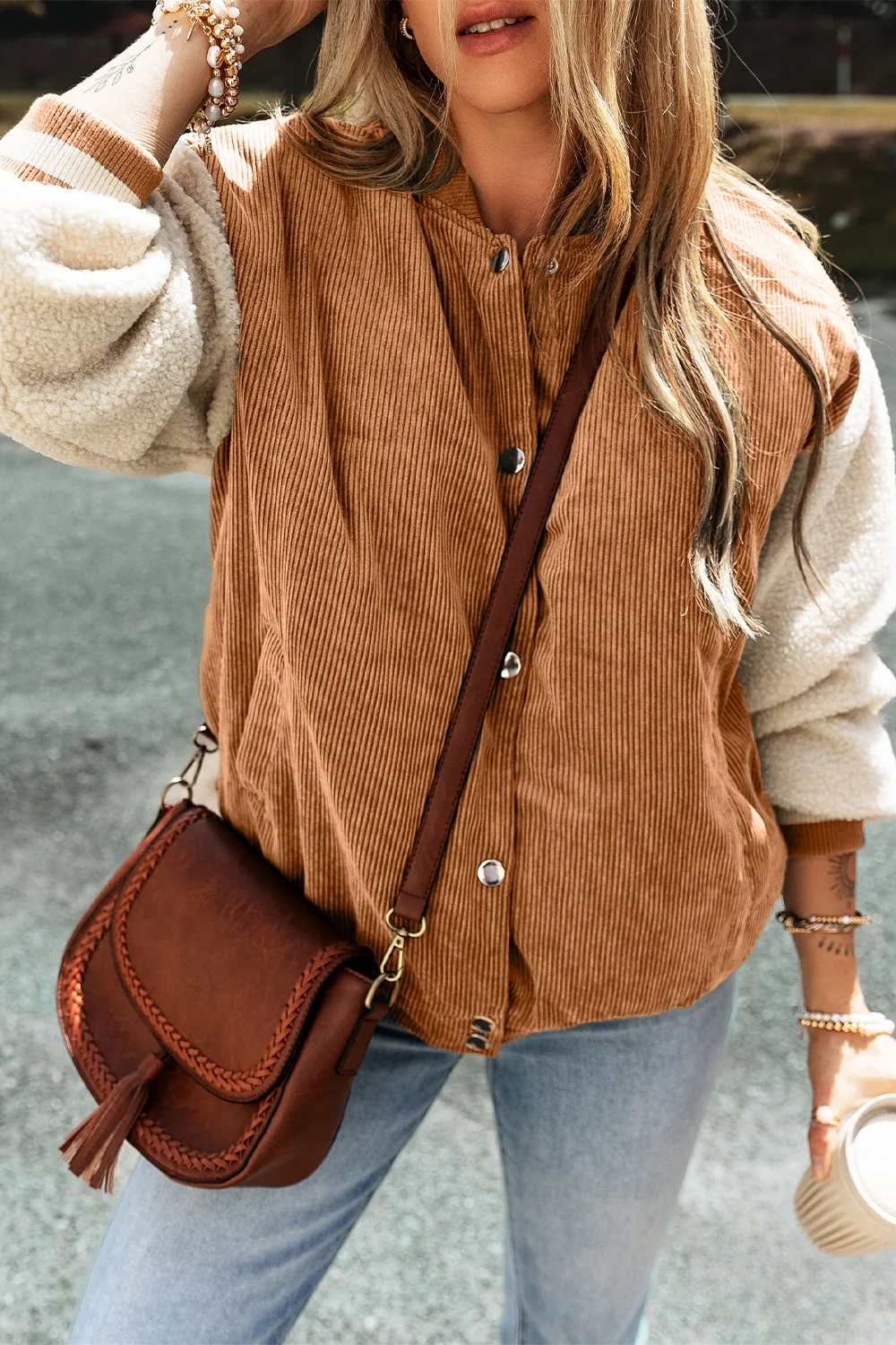 Contrast Baseball Collar Snap Down Long Sleeve Jacket, image 3