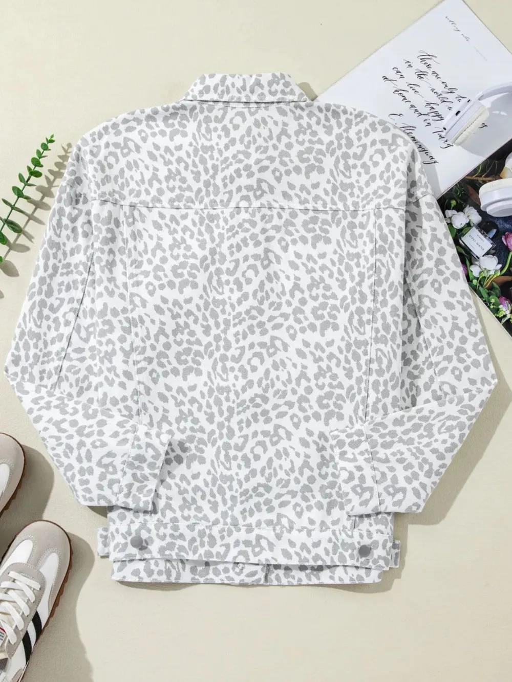Leopard Button Up Long Sleeve Denim Jacket, image 2