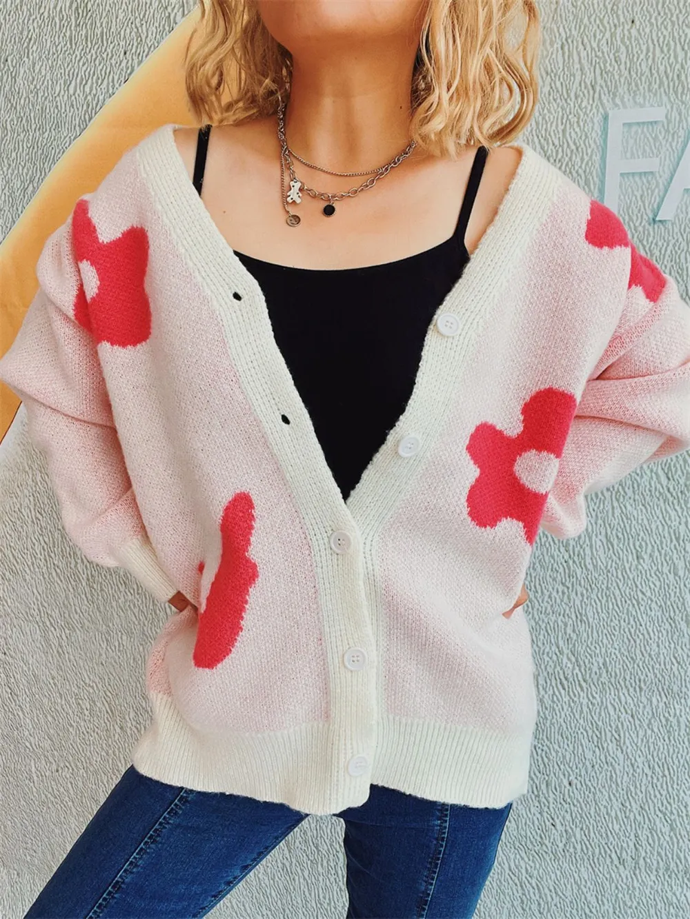 Flower Button Down V-Neck Long Sleeve Cardigan, image 3