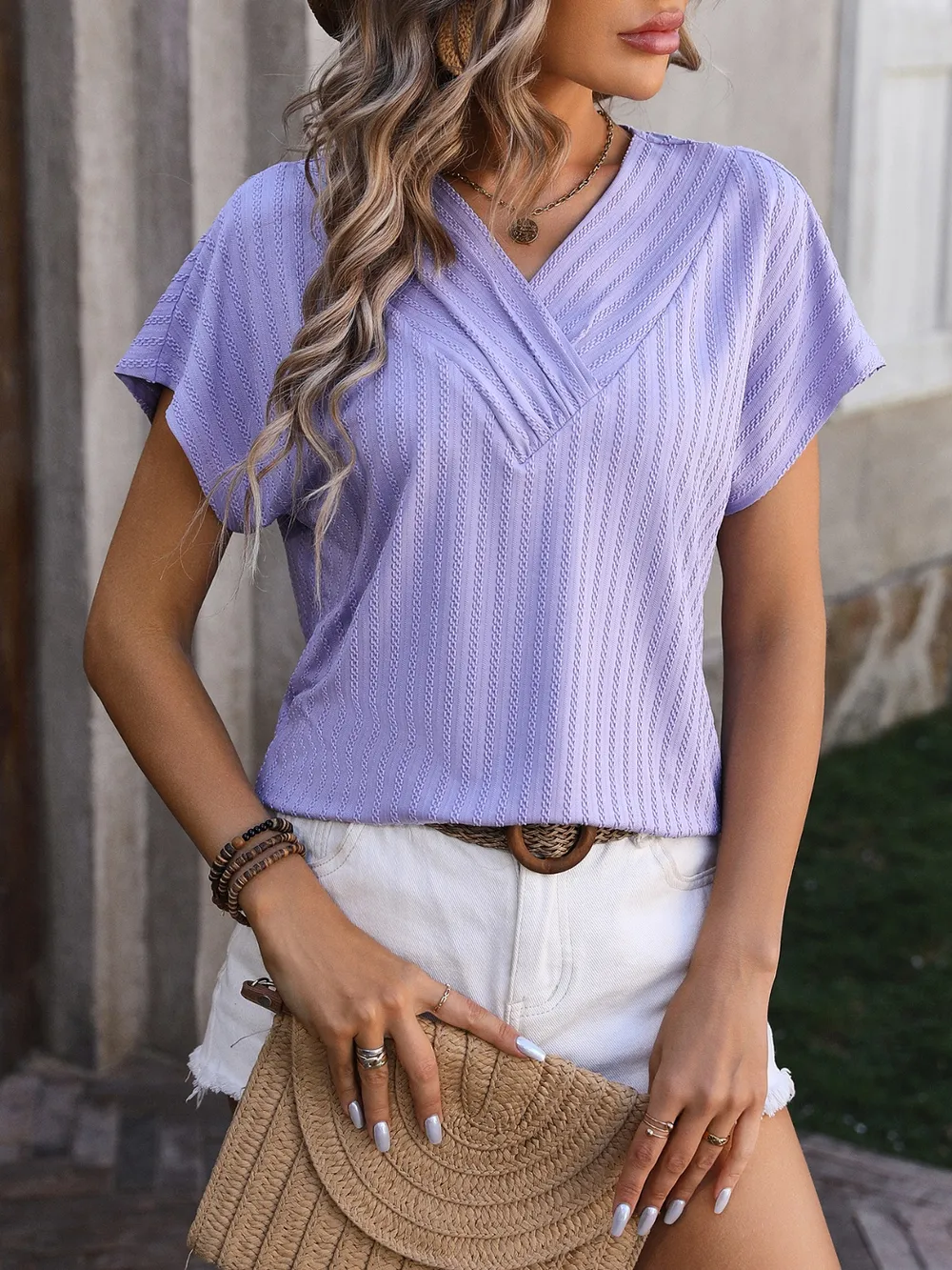 Textured Surplice Short Sleeve Blouse, image 5