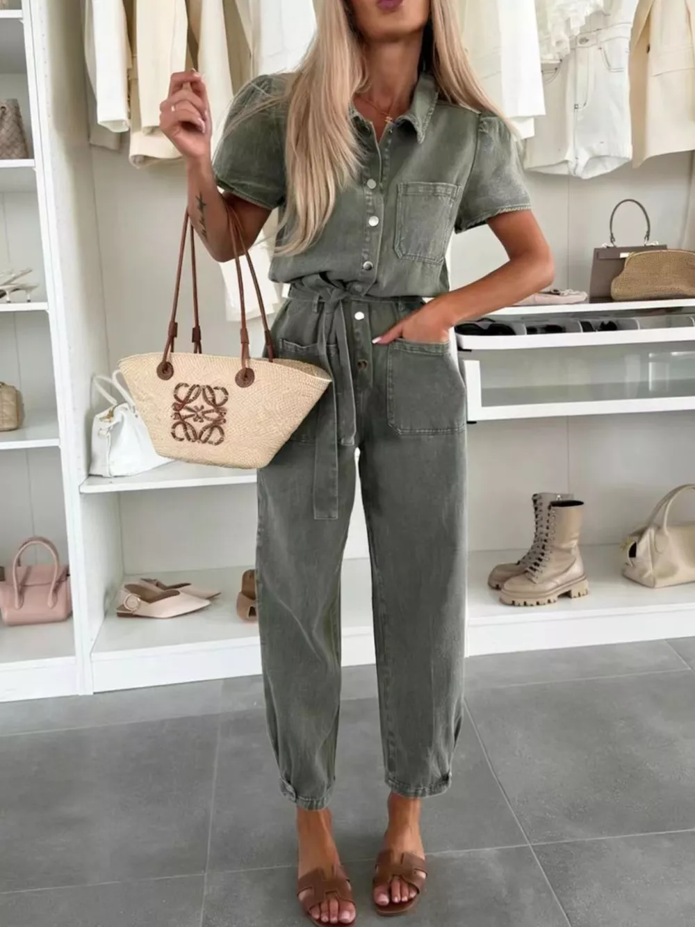 Vintage Wash Short Sleeve Denim Jumpsuit, image 9