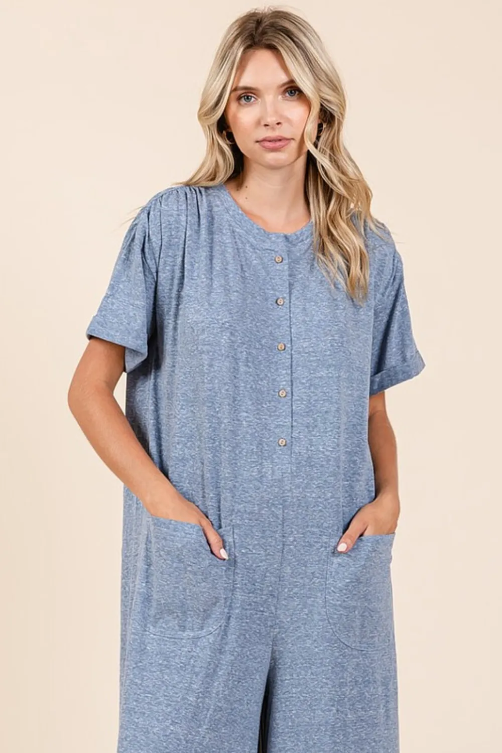 Button Detail Short Sleeve Wide Leg Jumpsuit, image 2