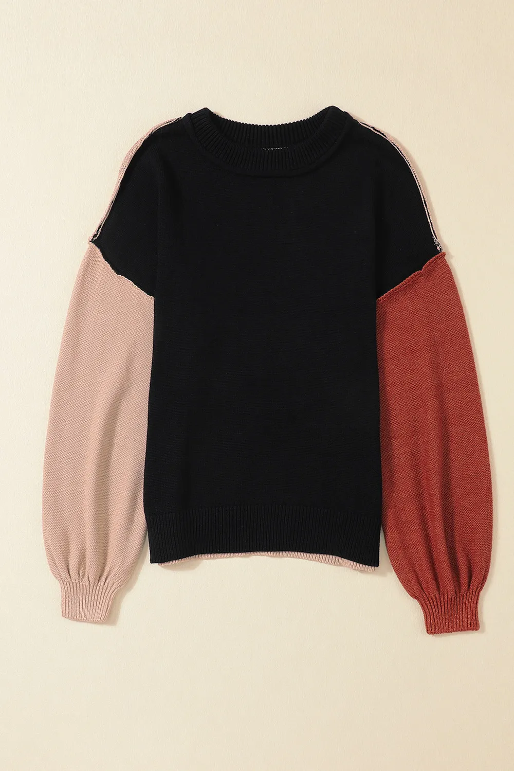 Contrast Round Neck Dropped Shoulder Sweater, image 3