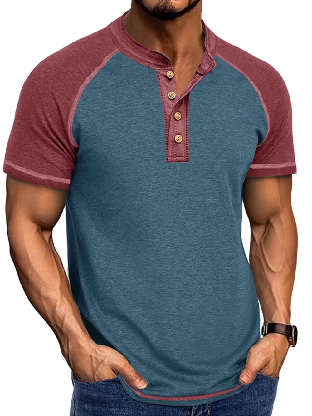 Men's Raglan Henley Color Block T-Shirt, image 9