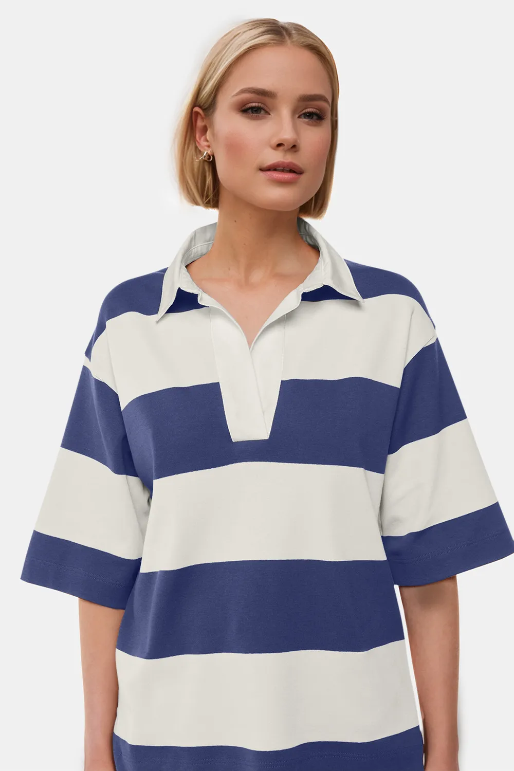 Pima Cotton Wash Color Block Jnny Collar Half Sleeve Top, image 3