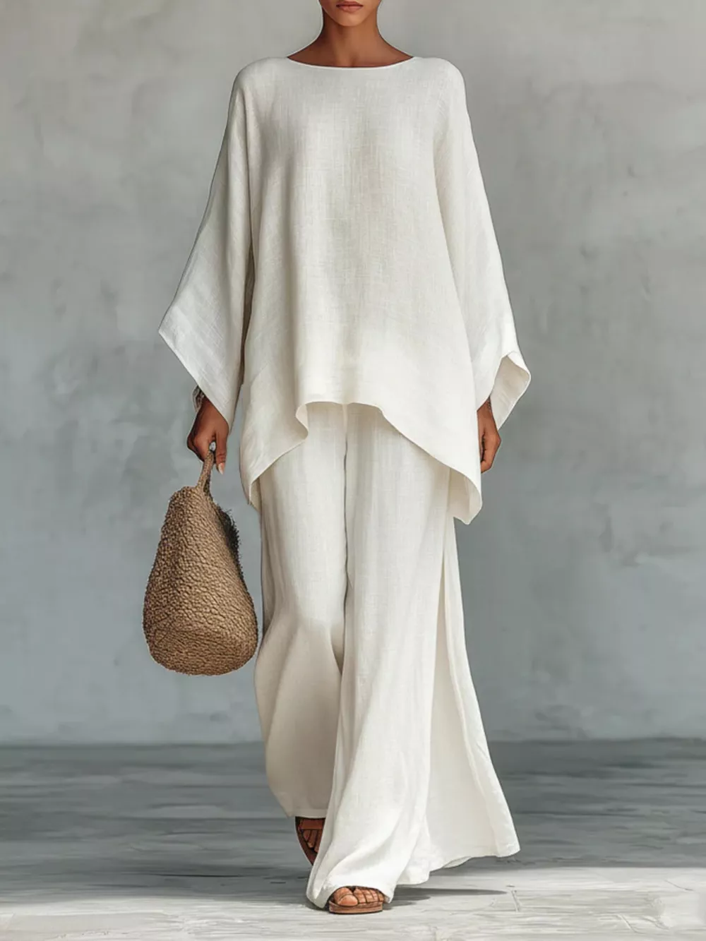 Solid Color Long Sleeve Top and Wide Leg Pants Set, image 2