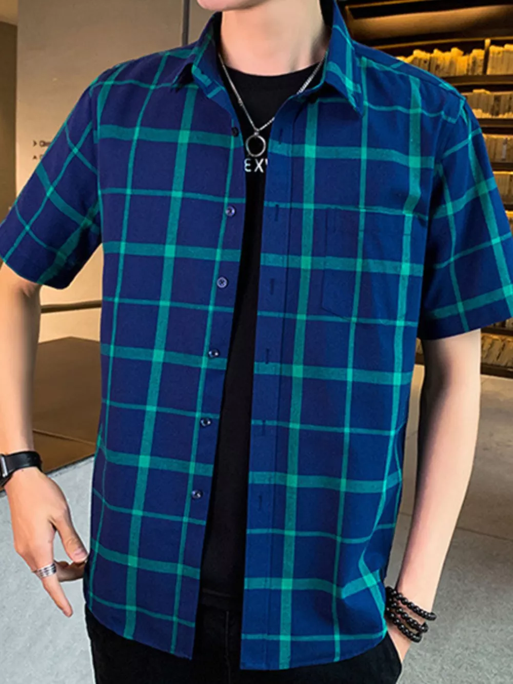 Men's Plus Size Casual Plaid Short Sleeve Shirt, image 5