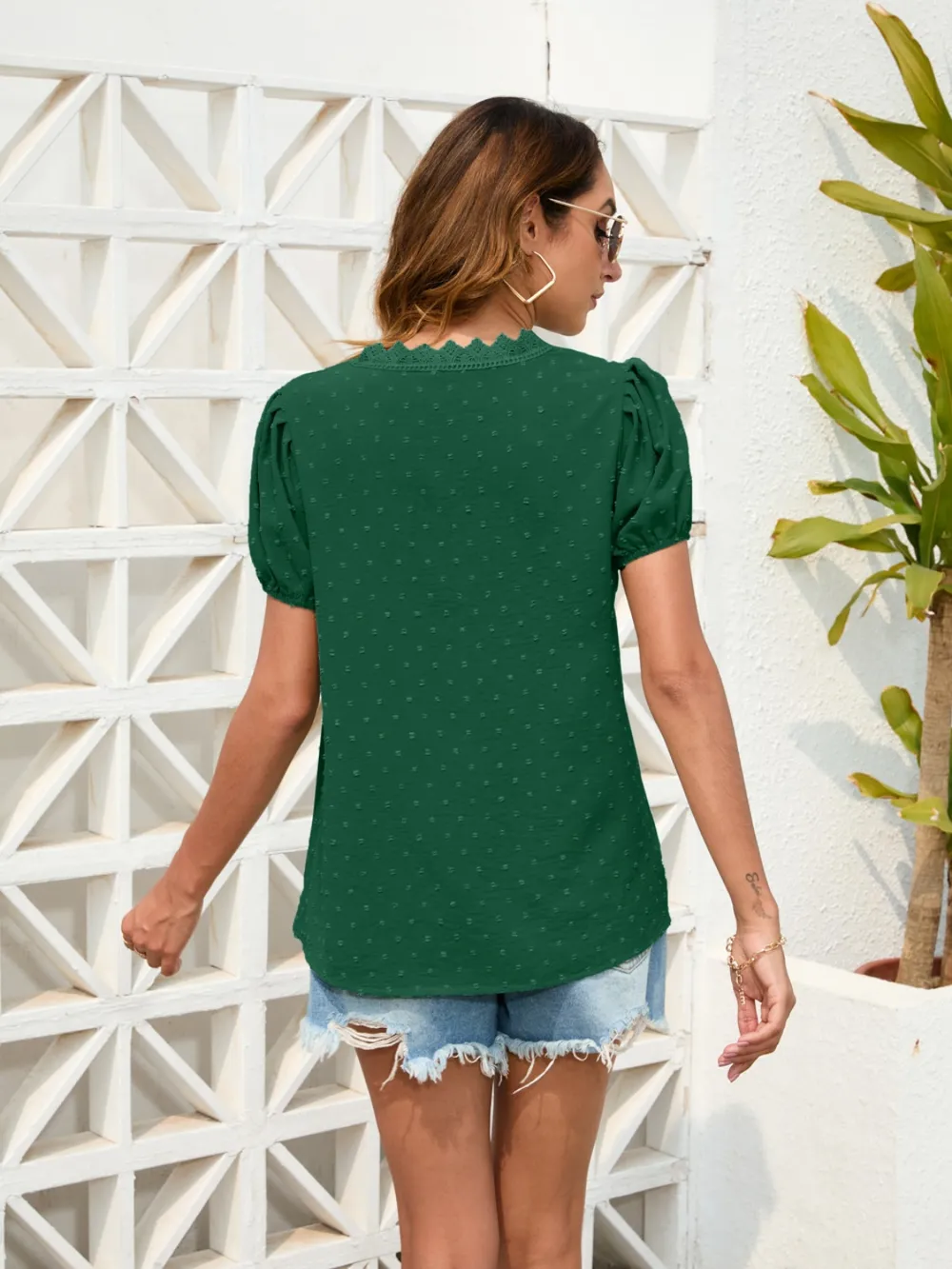 Swiss Dot Lace Detail V-Neck Blouse, image 10
