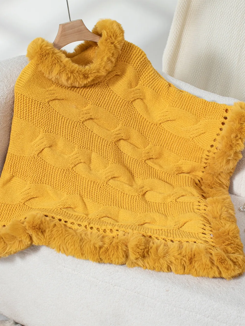 Fuzzy Hem Cable-Knit Poncho, image 7